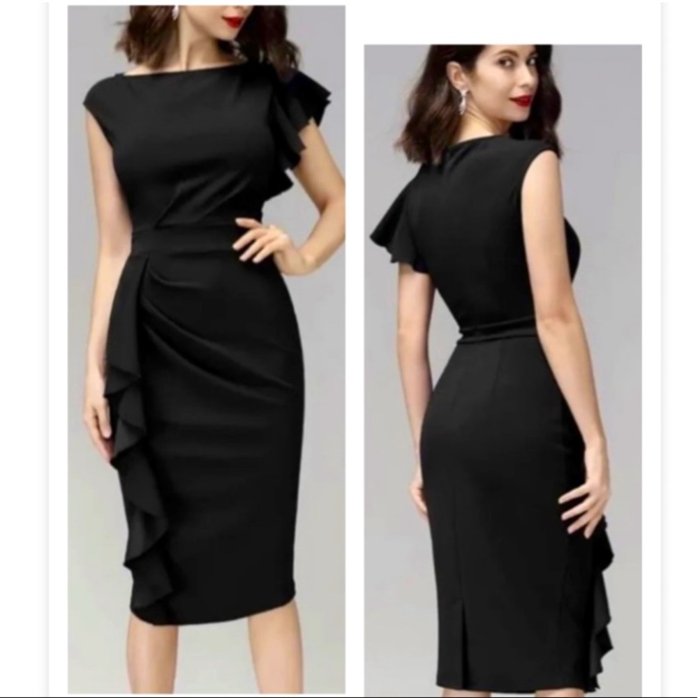 Elegant black dress with flattering ruffle
detail front and over one shoulder.